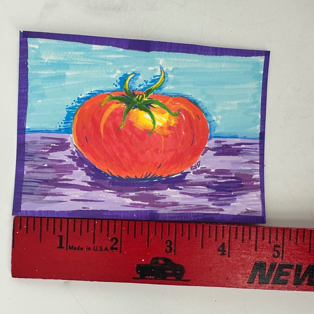 ACEO BEFORE THE SALAD Original Acrylic Marker Drawing Still Life Tomato 2.5x3.5